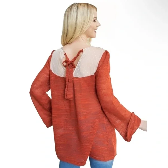 Ryu M/L Boho Sweater Bell Sleeve Cottagecore Hippie Mixed Media Artsy Rust Orang - Picture 9 of 15